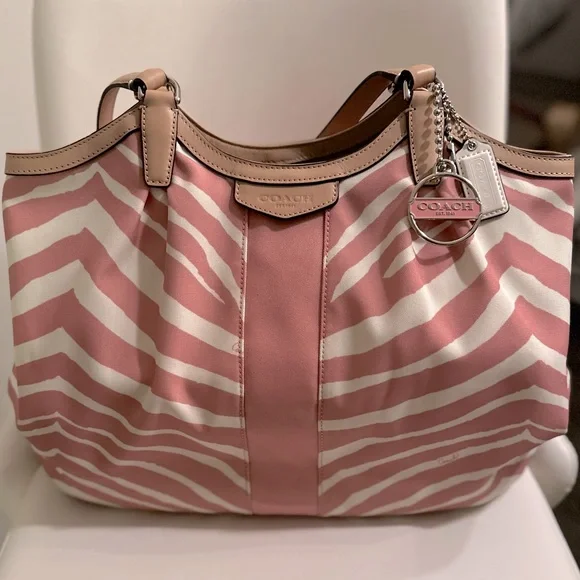 Coach Devin Signature Stripe Pink and White Zebra Print Shoulder Bag - Picture 1 of 9